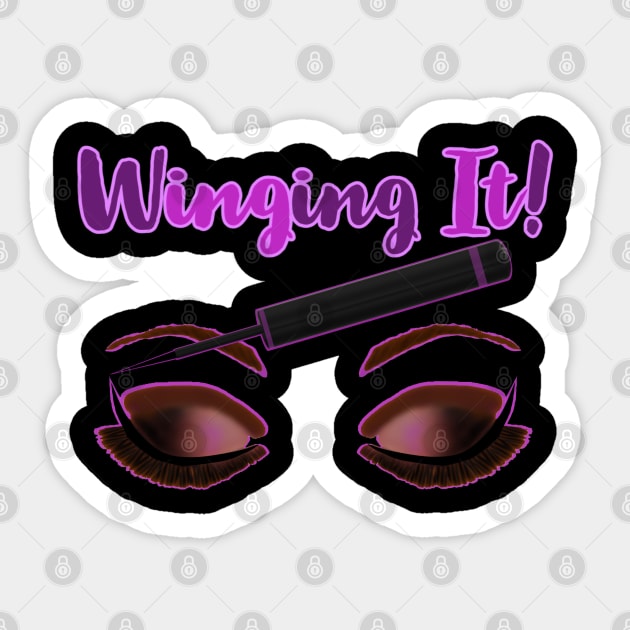 Winging It! Winged Liquid Eyeliner Makeup Pun (Black Background) Sticker by Art By LM Designs 